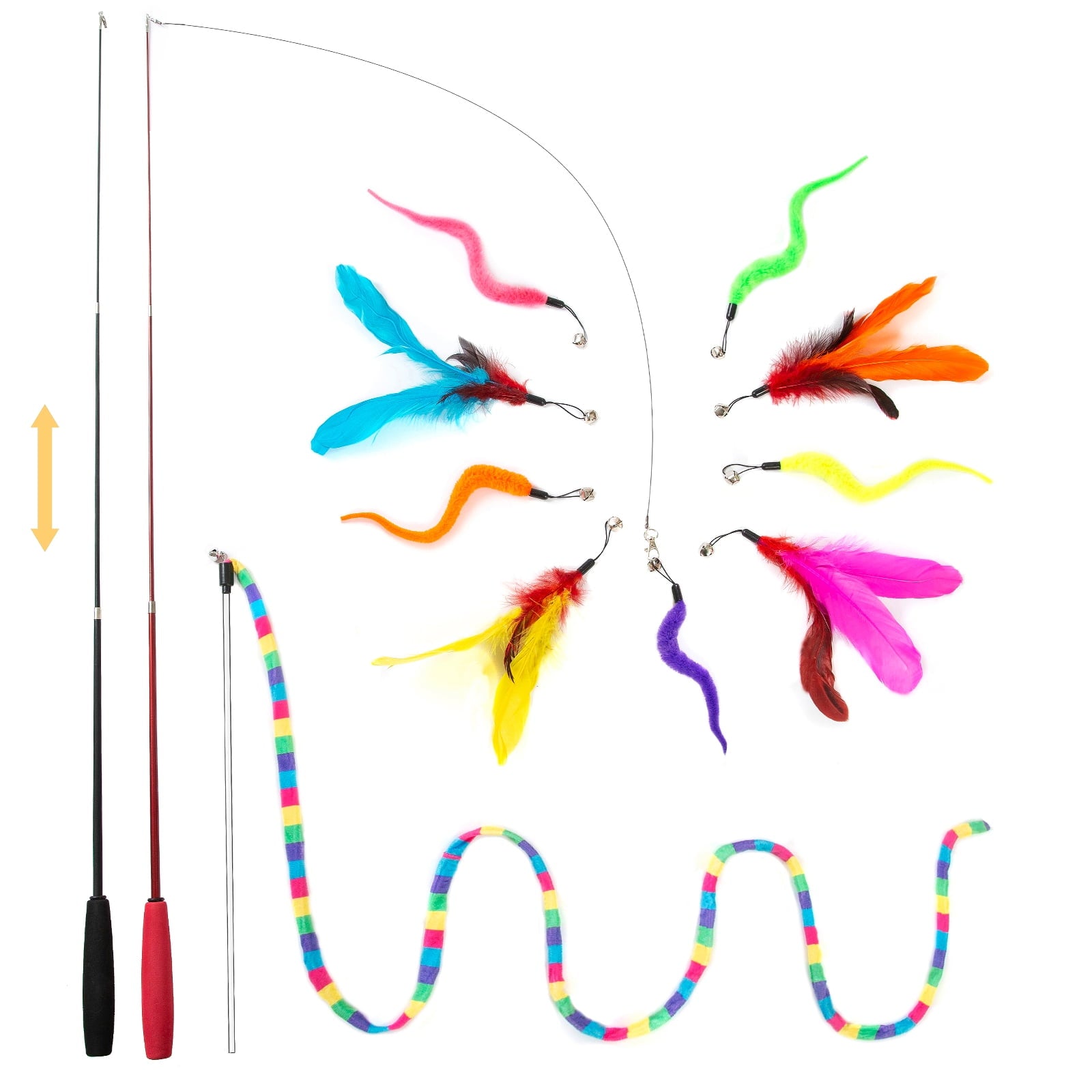 FYNIGO Interactive Cat Feather Toys for Indoor Cats Kittens,2 Retractable Cat Teaser Wand and 1 Rainbow Wand with 9 Refills and 2 Spare Hook(14 Pack)