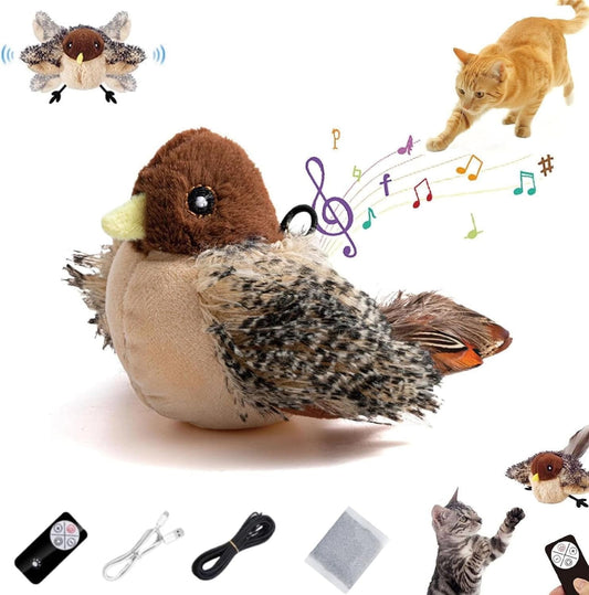Interactive Chirping Bird Cat Toy，Automatic Chirping Flying Bird Cat Toy,Flapping Bird Cat Toy with Feather Tail,Chirping Bird Cat Toy Flapping Wings with Melody Chaser (1pc)